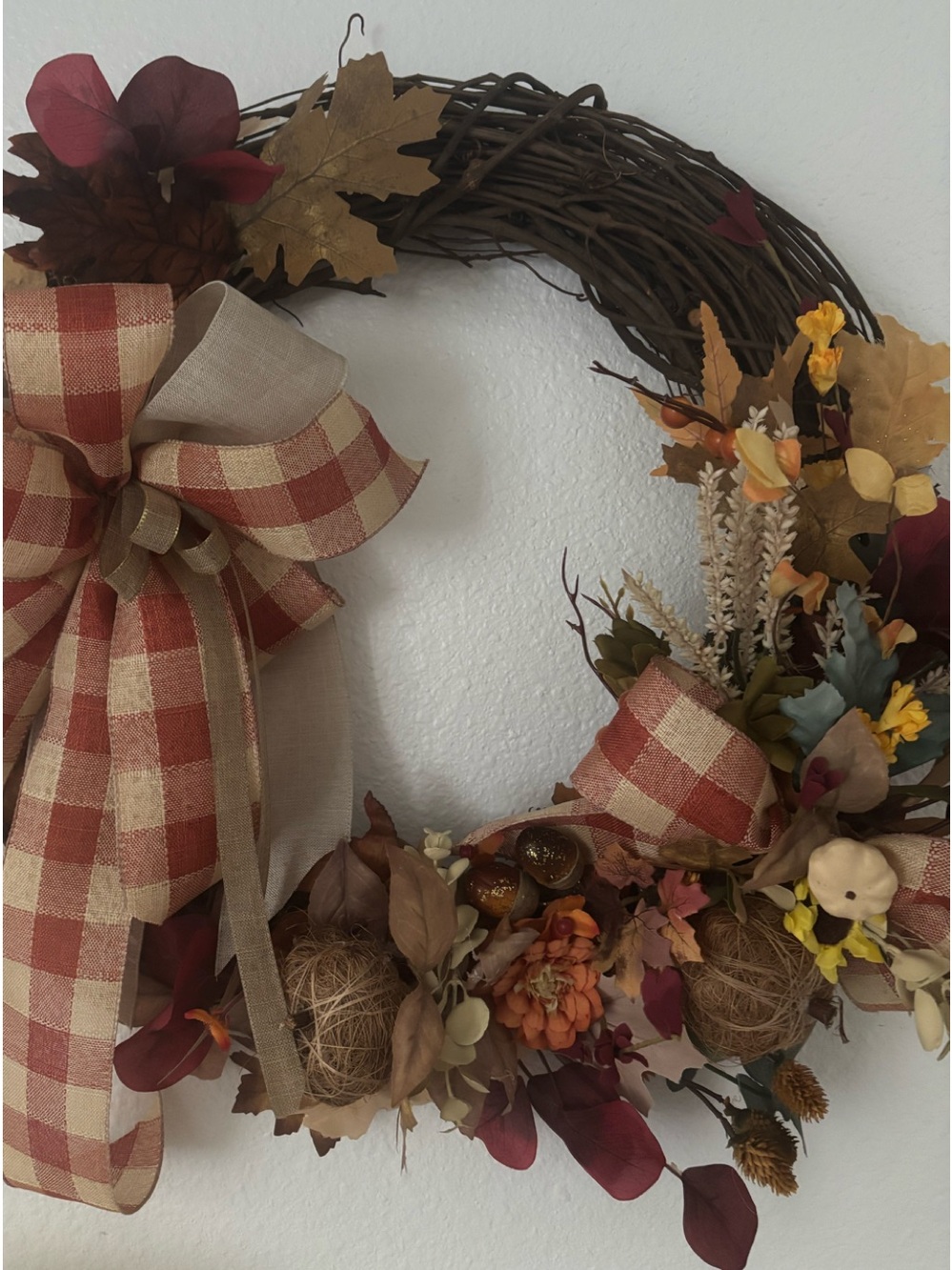 Rustic Primitive Farmhouse Fall Wreath Plaid Bow Grapevine Custom Final Sale